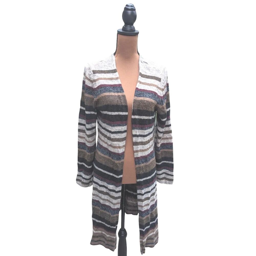 HANNAH L Lagenlook Striped Cardigan Sweater Open Front Versatile Neutral Soft